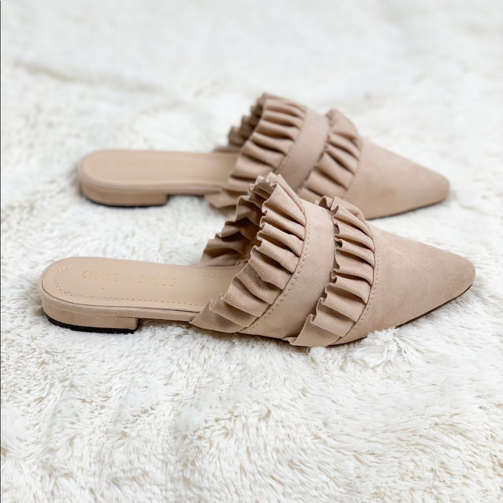 Suede Tiered Ruffle Trim Nude Flat Mules - Picture 4 of 4